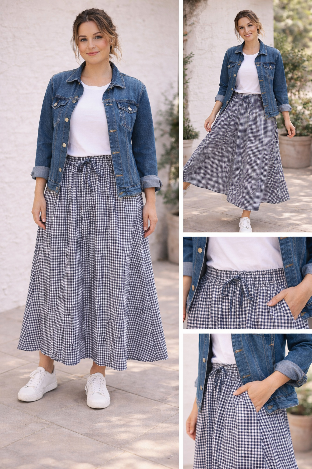 Détail jupe vichy bleu marine ceinture élastique nœud poches latérales coupe évasée qualité italienne