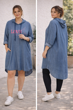 Robe tunique LOVE strass portée seule ou avec legging noir grande taille coupe asymétrique confortable