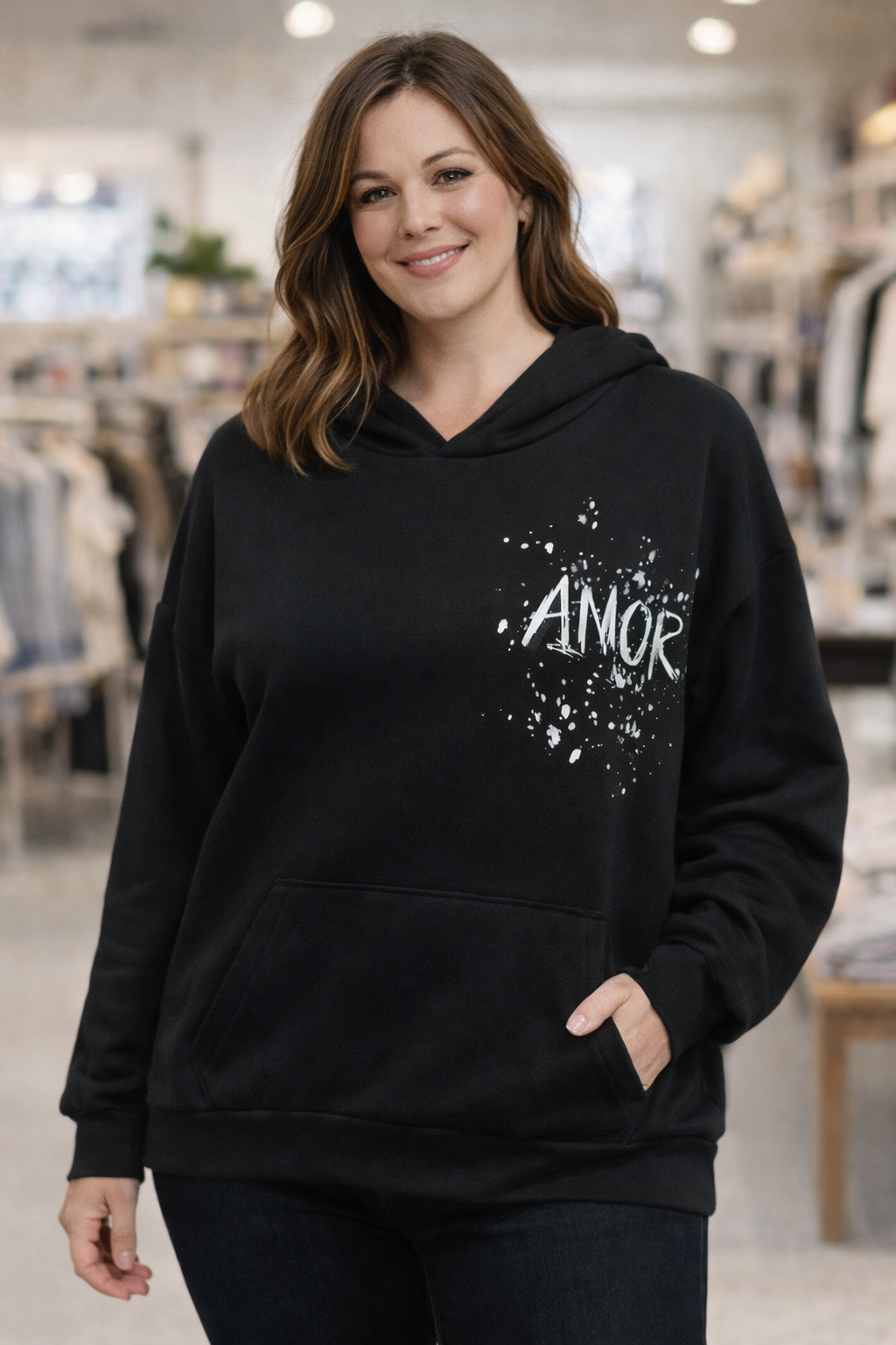 Sweat noir AMOR femme impression dos AMOR splatter