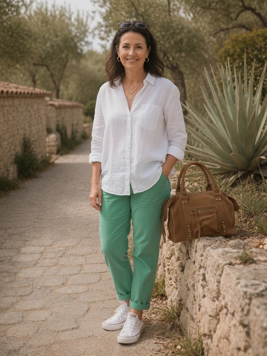 Pantalon confort élastique vert amande vue porte 