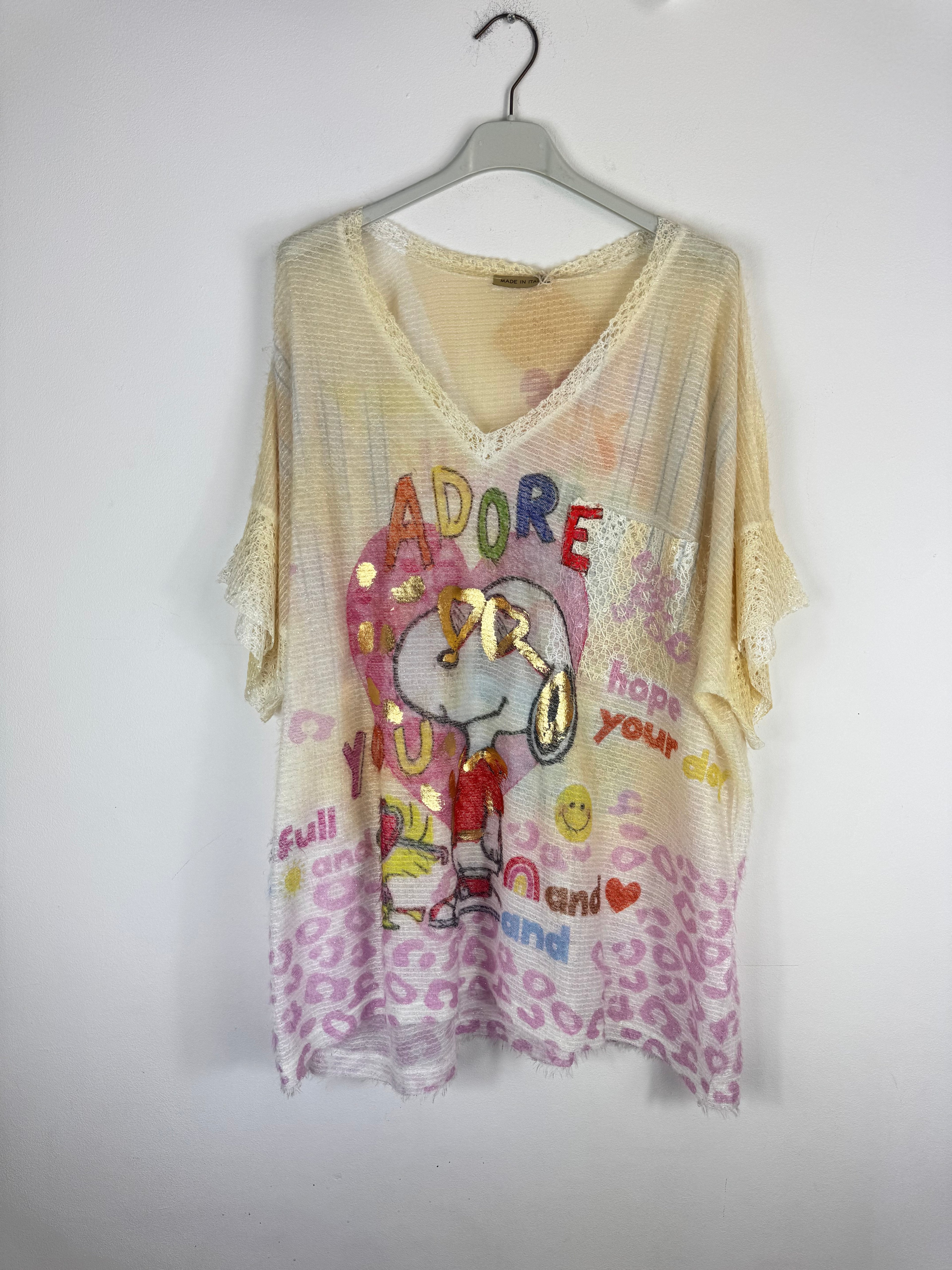     Pull ajouré pailleté femme Snoopy Hope face avec message coloré Made in Italy.