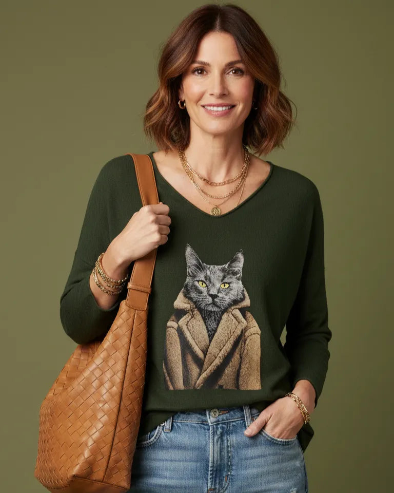Pull kaki motif chat en manteau beige taille unique 36-44