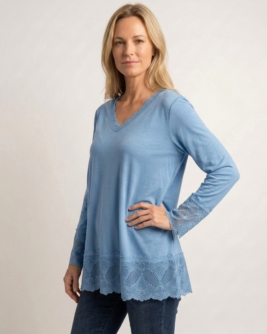 haut a dentelles de couleur bleu jean made in Italy