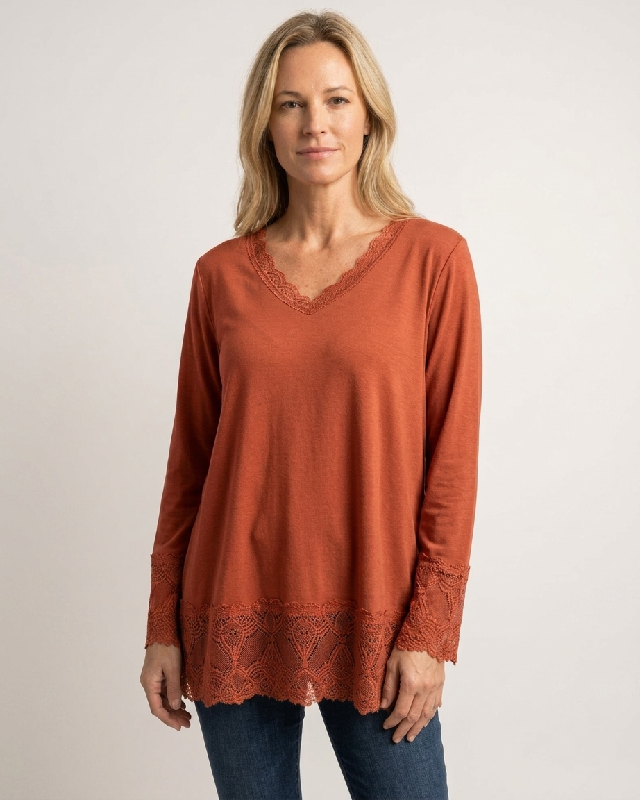 Sous-pull dentelle femme terracotta à col V avec dentelle ton sur ton