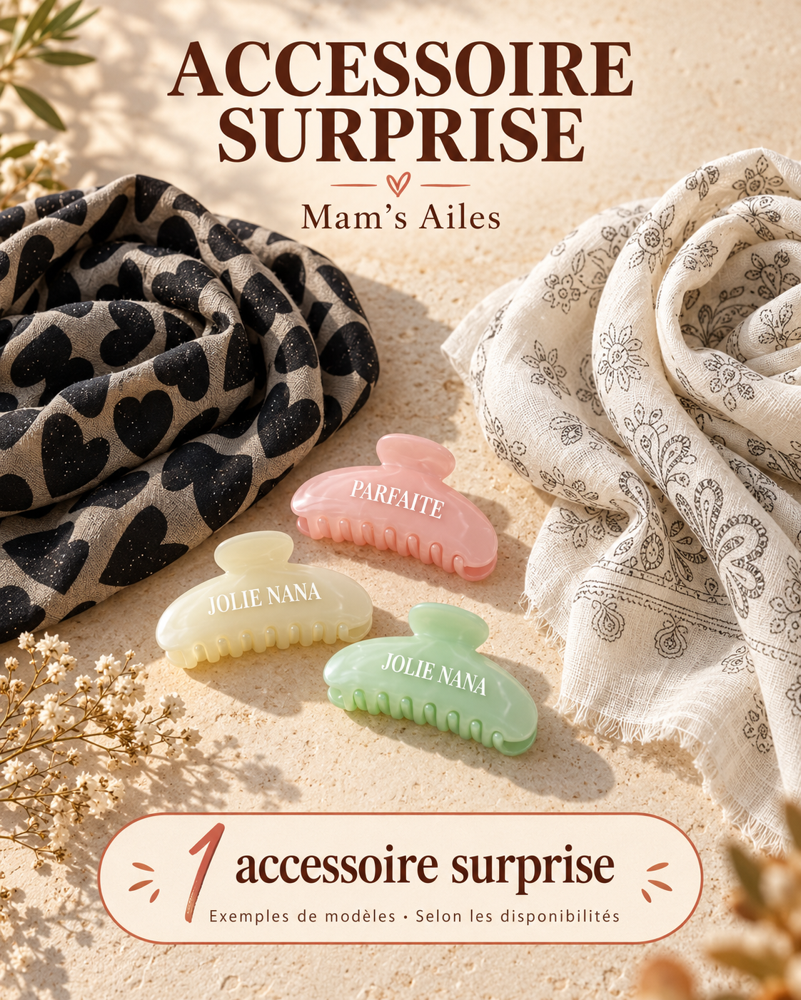 Exemples de foulards et pinces à cheveux Mam’s Ailes : un seul accessoire surprise selon les disponibilités