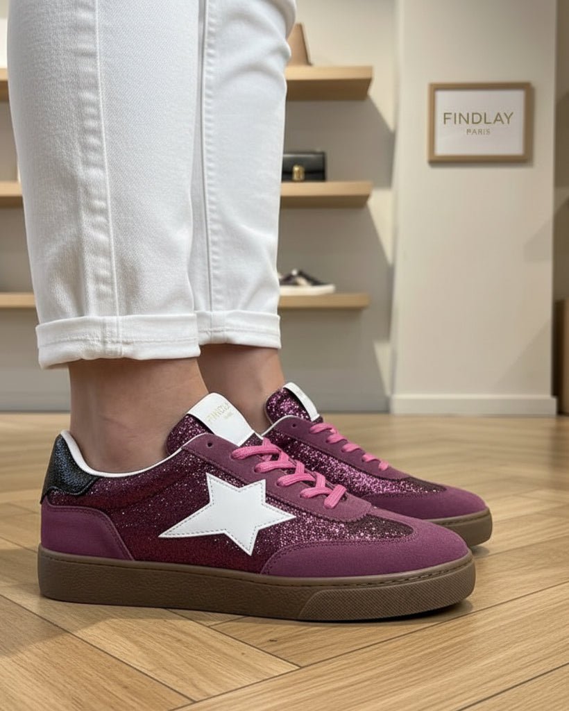 Baskets femme Findlay pailletées violettes avec étoile blanche et semelle camel vue de profil