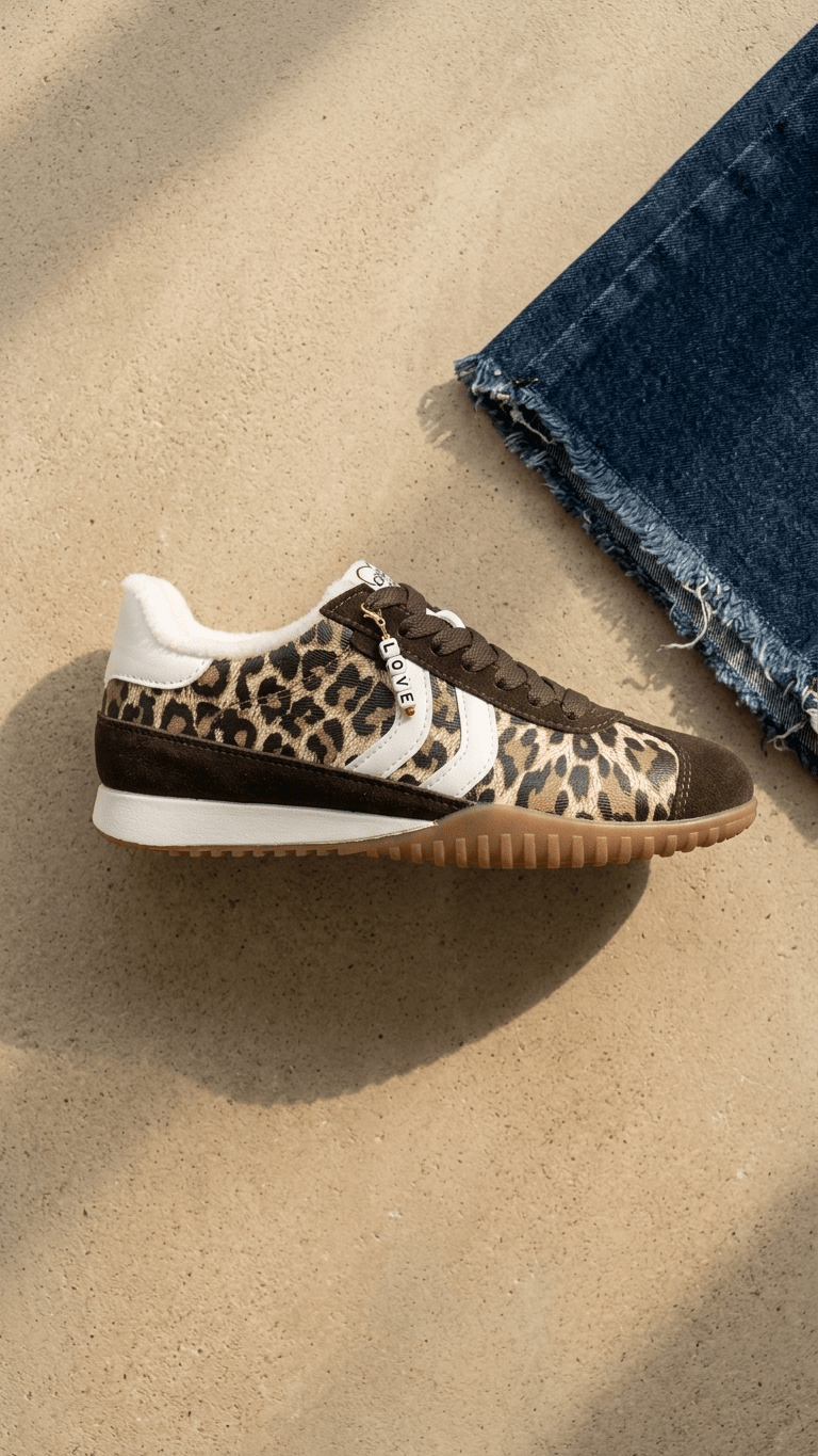 Baskets suedine leopard, vue de profil