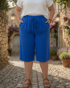 Bermuda gaze de coton bleu roi grande taille, taille élastique et cordon, poches latérales, style estival décontracté