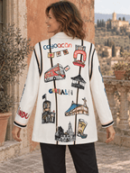 Dos du blazer Garibaldi porté, montrant les inscriptions et les illustrations inspirées du Mexique.