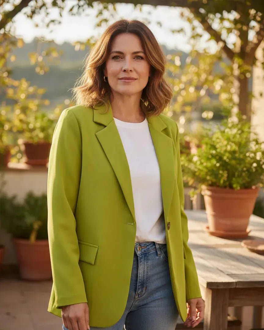 Blazer vert pistache femme, style chic et moderne sur fond neutre.