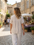 Blouse femme beige écru à carreaux en coton léger,, vue portée de dos