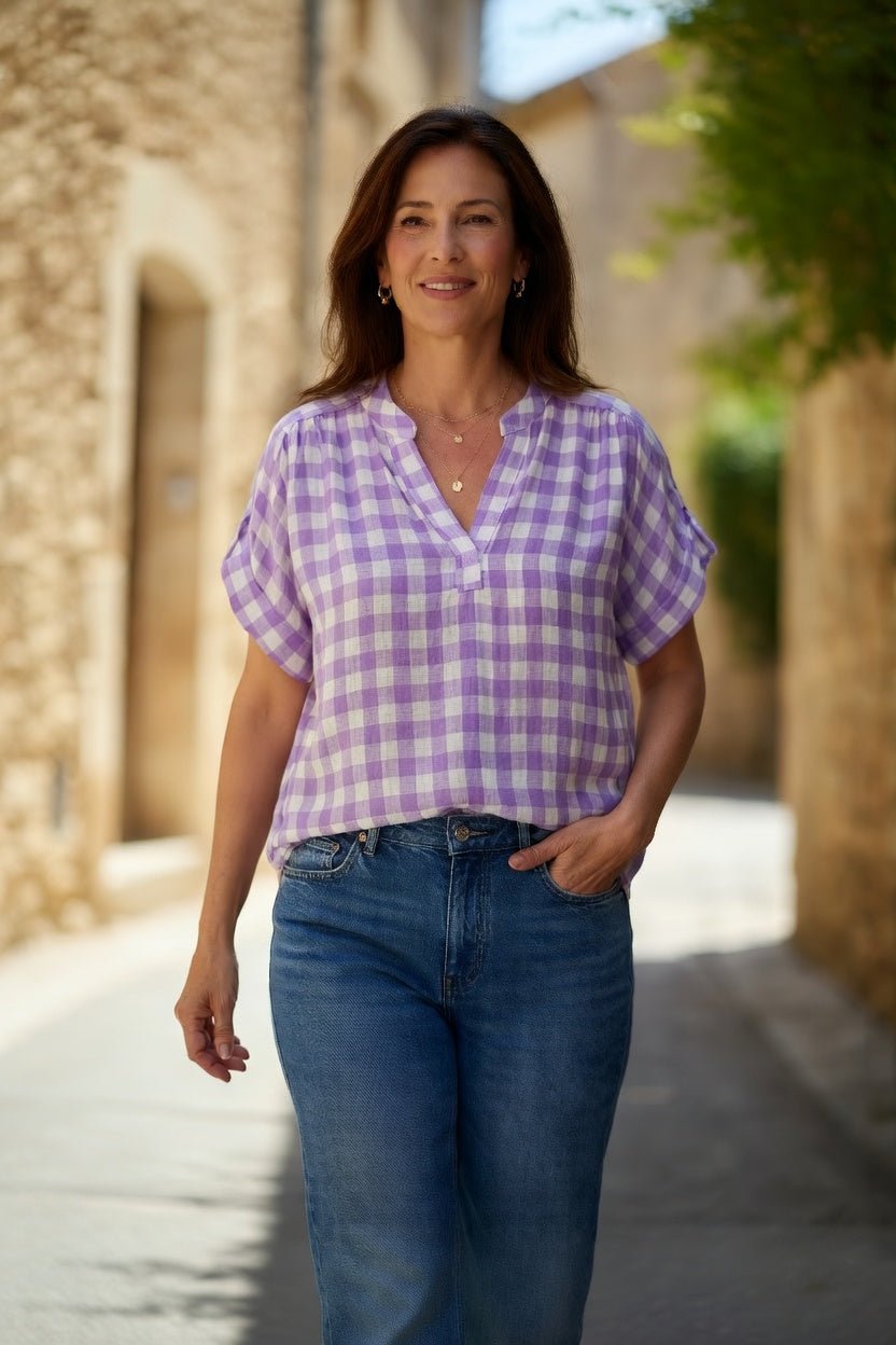 Blouse Lila à carreaux parme et blanc, vue de face