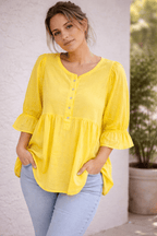 Blouse empire bohème jaune manches évasées volant femme 36-42 coton léger Made in Italy