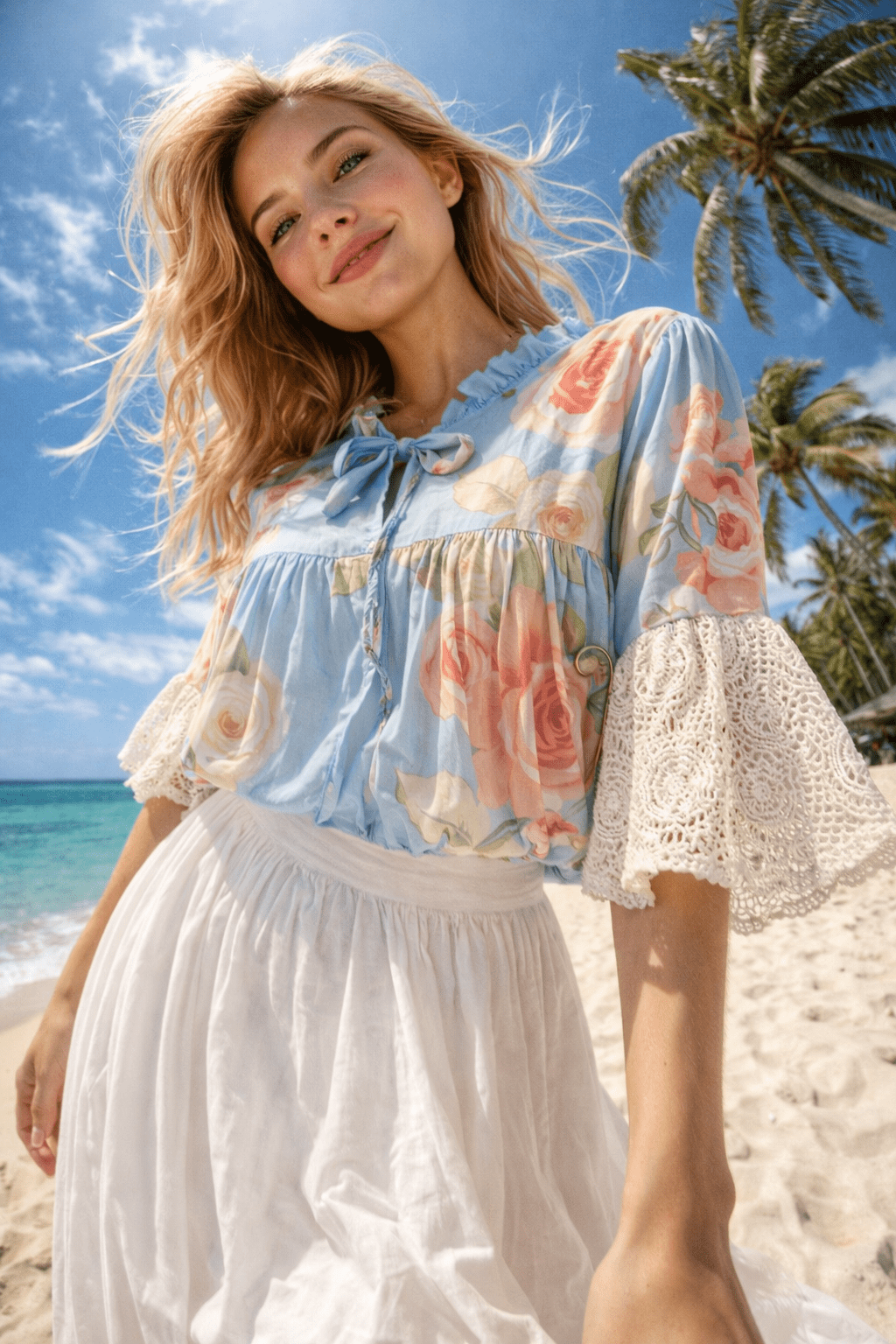 Blouse Rosalie bleue à manches crochet, vue portée