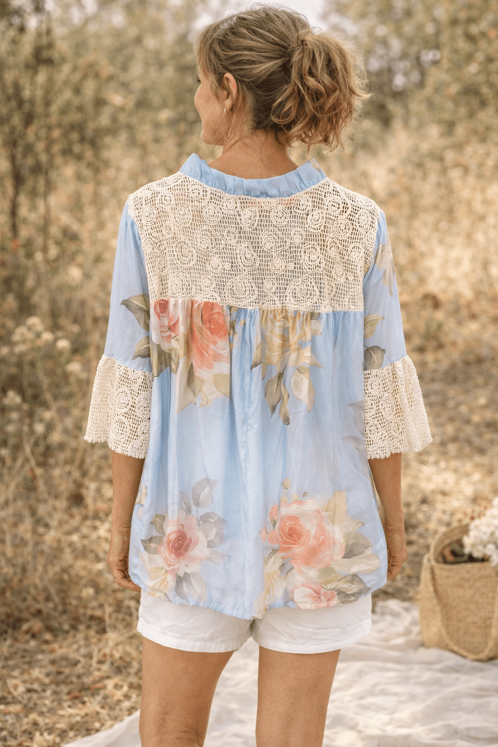 Blouse Rosalie Fleurie Dentelle Crochet — 36 - 44 - Mam’s AilesBleu ciel