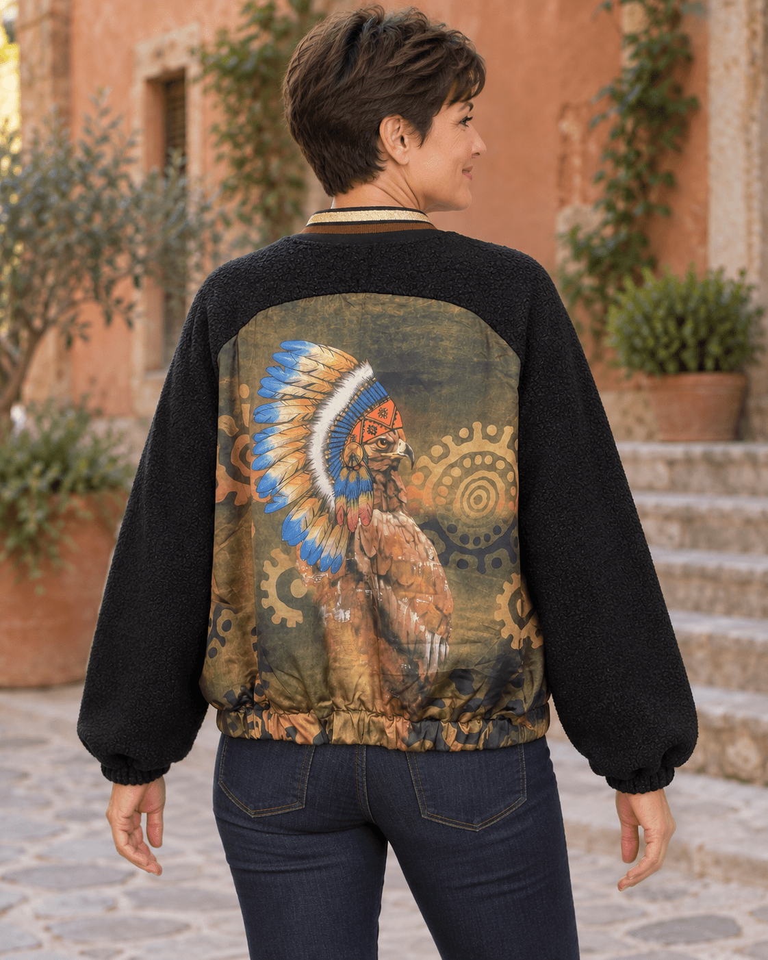 Dos du bomber Aigle Tribal porté, motif aigle et plumes multicolores sur tissu kaki bronze