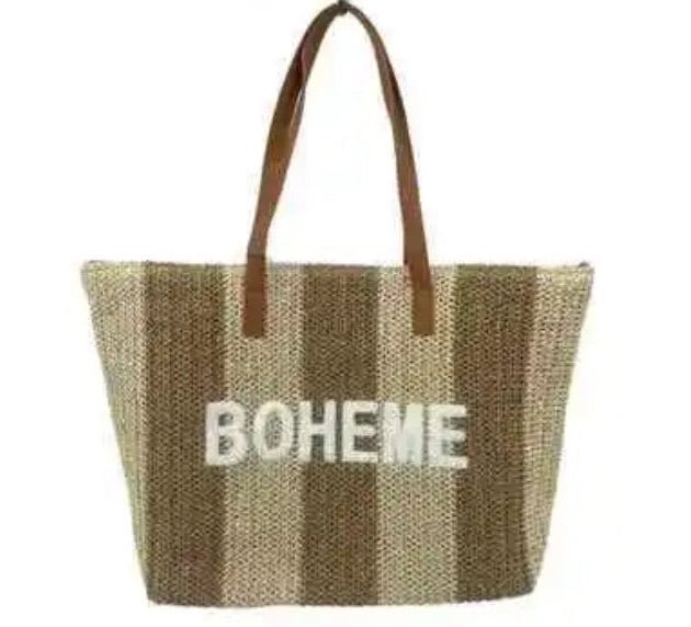 Cabas Bohème en papier tressé avec anses simili cuir