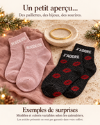 Exemples illustratifs de surprises : chaussettes Boudeuse et J’adore pailletées et jonc Love doré, modèles non garantis dans chaque calendrier