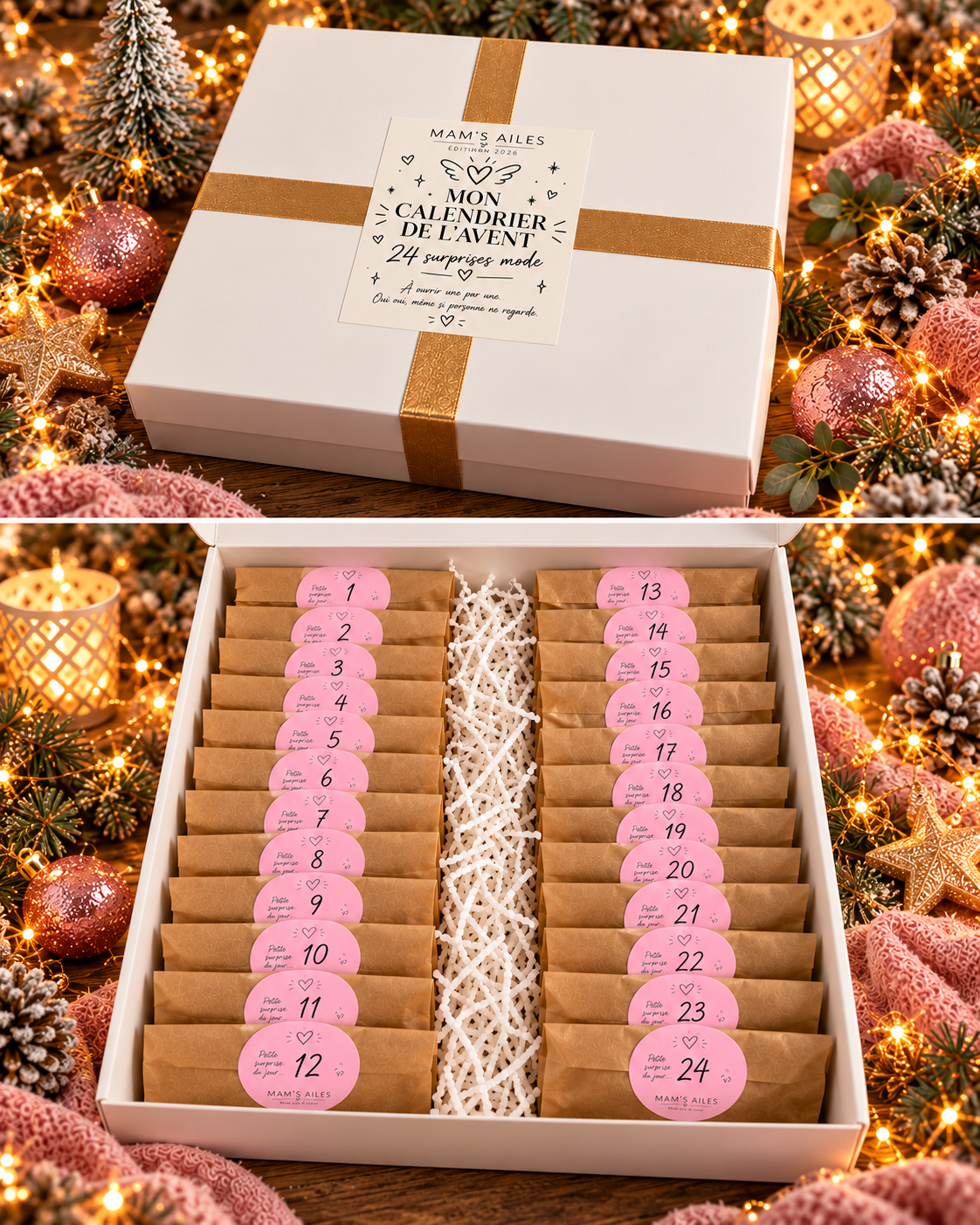 Calendrier de l’Avent Mam’s Ailes 2026 : coffret fermé à rubans dorés puis intérieur avec les 24 pochettes numérotées