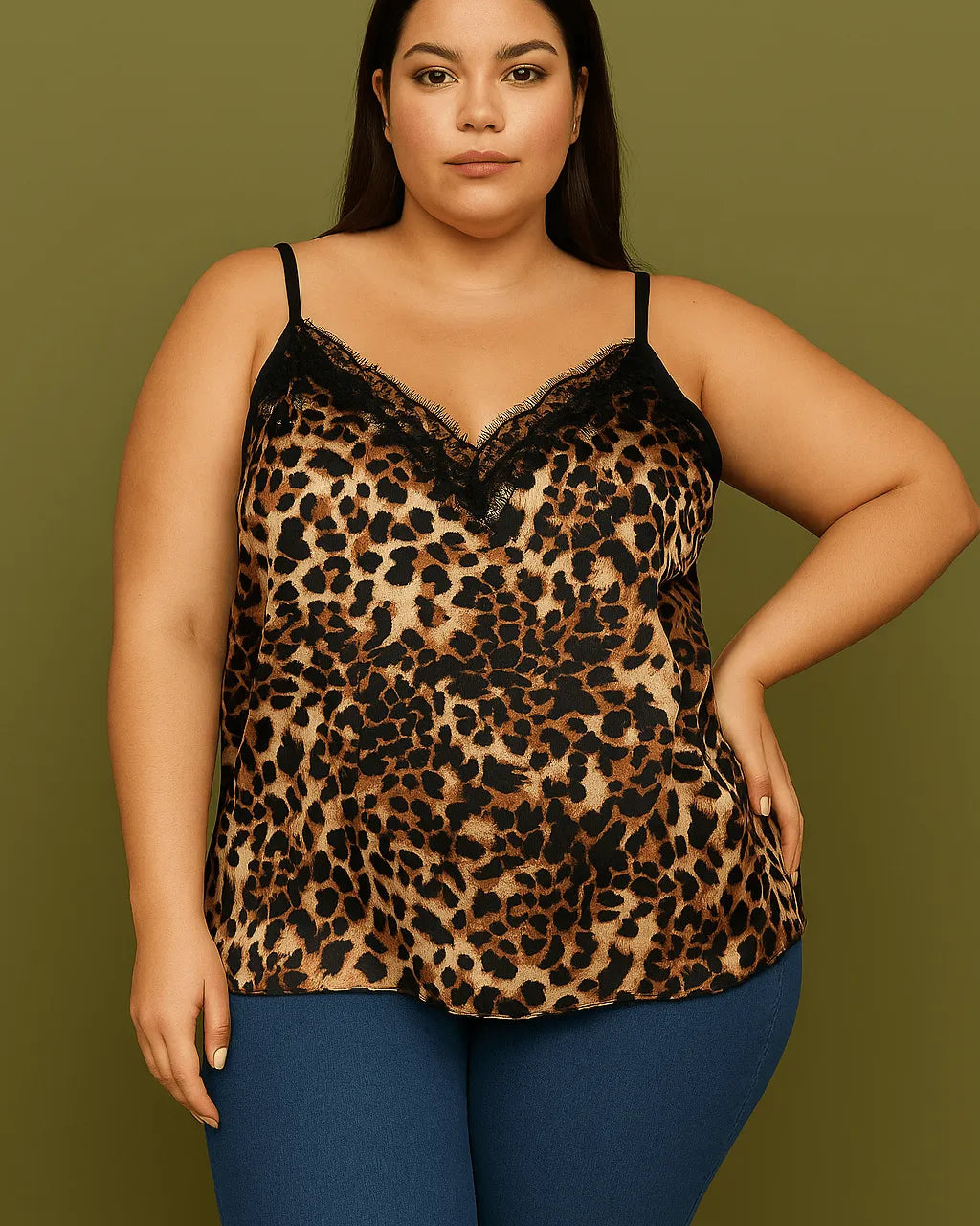 Caraco léopard femme grande taille avec dentelle et bretelles fines