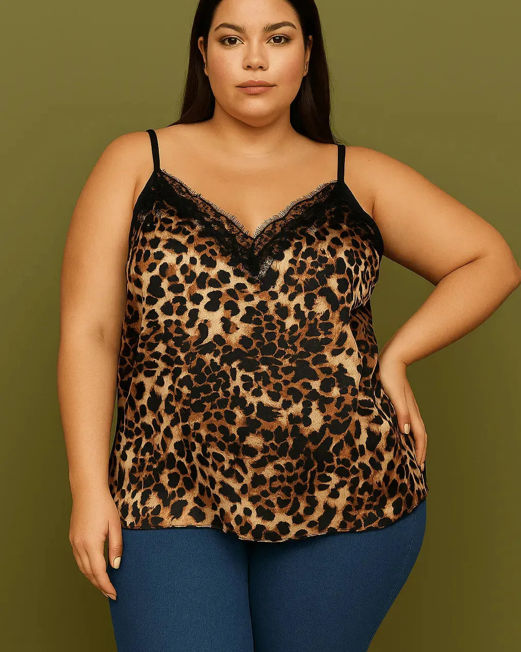 Caraco léopard femme grande taille avec dentelle et bretelles fines