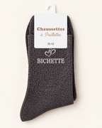Chaussettes pailletées Bichette anthracite avec motif cœur sur fond ivoire