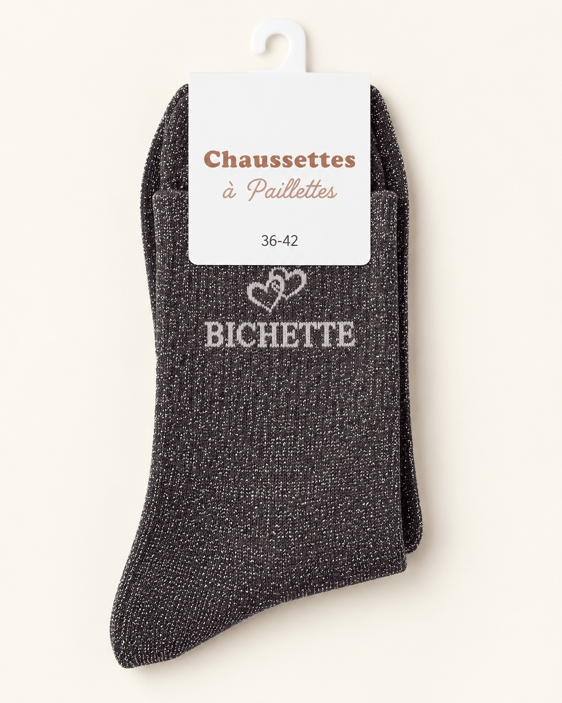 Chaussettes pailletées Bichette anthracite avec motif cœur sur fond ivoire