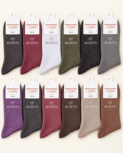 Assortiment de douze chaussettes pailletées Bichette avec motif cœur sur fond ivoire