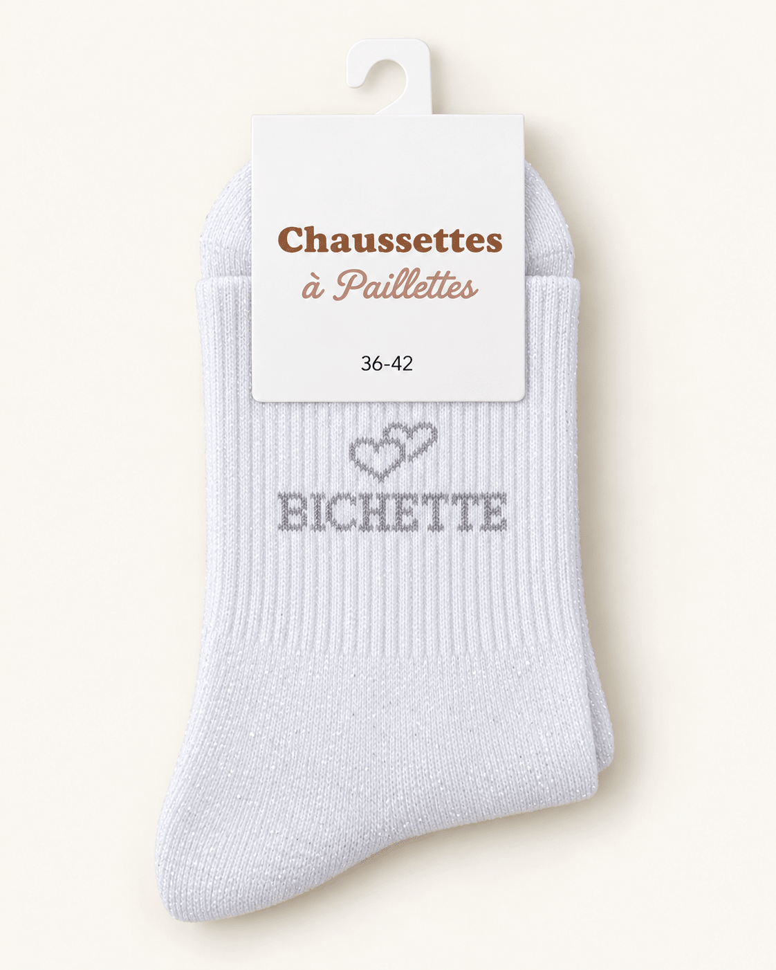 Chaussettes pailletées Bichette blanc argenté avec motif cœur sur fond ivoire