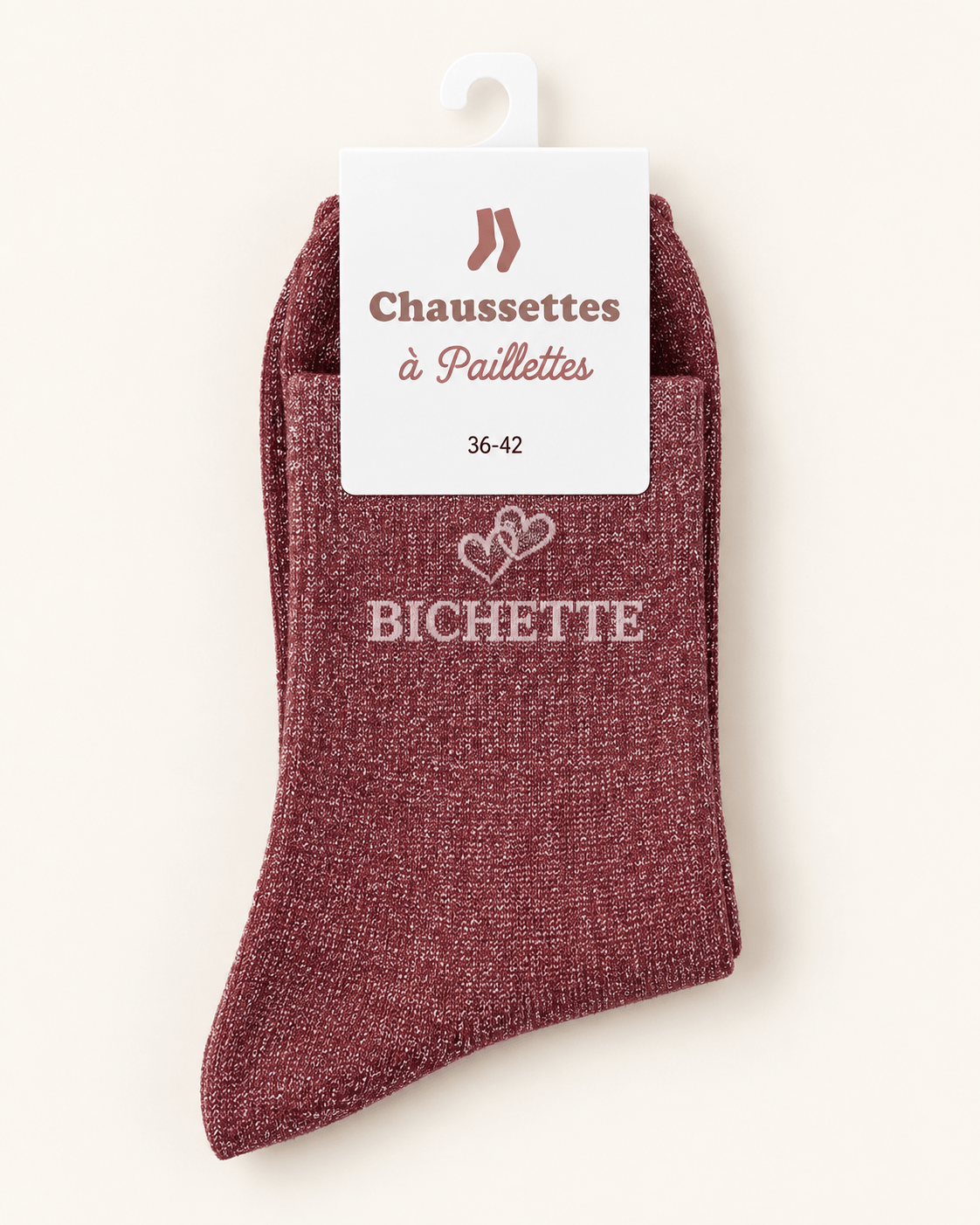 Chaussettes pailletées Bichette bordeaux avec motif cœur sur fond ivoire