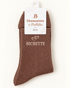 Chaussettes pailletées Bichette café cuivré avec motif cœur sur fond ivoire