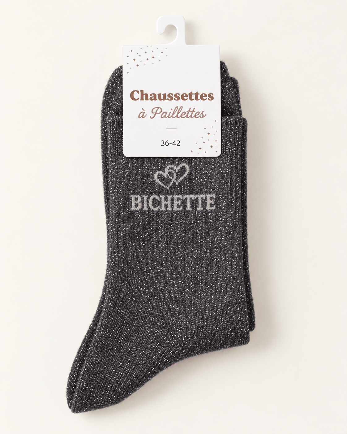 Chaussettes pailletées Bichette gris charbon avec motif cœur sur fond ivoire