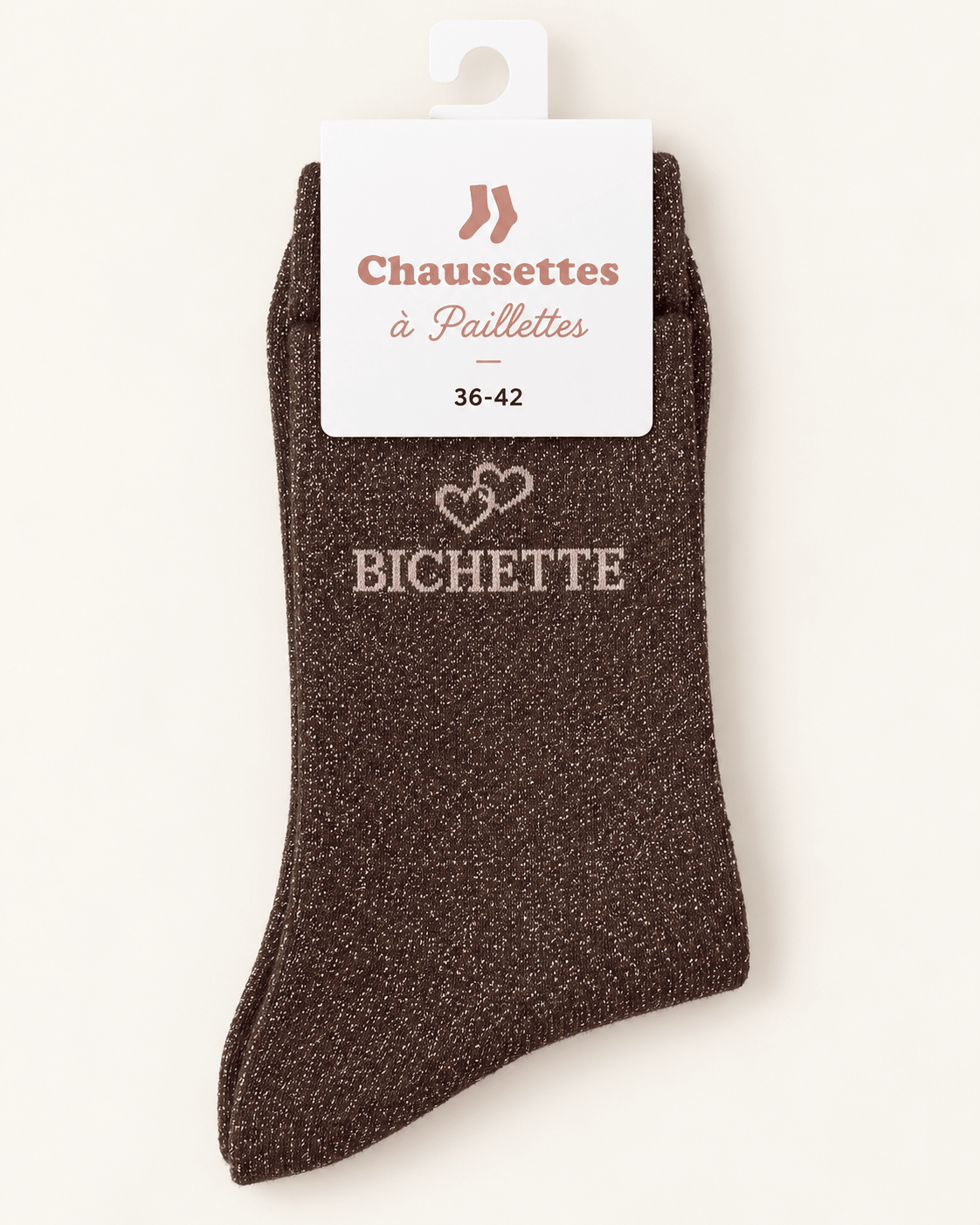 Chaussettes pailletées Bichette chocolat avec motif cœur sur fond ivoire