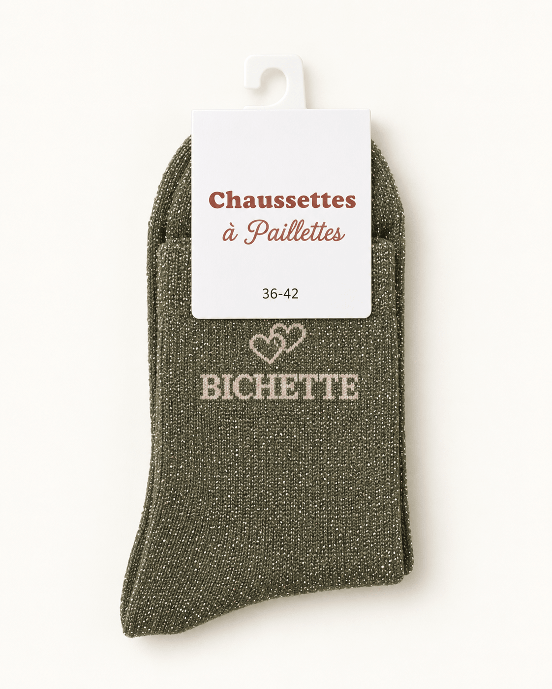 Chaussettes pailletées Bichette kaki avec motif cœur sur fond ivoire