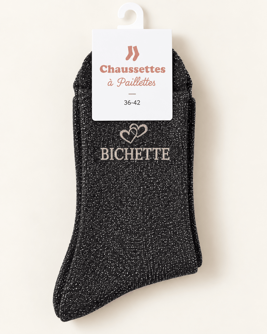 Chaussettes pailletées Bichette noires avec motif cœur sur fond ivoire