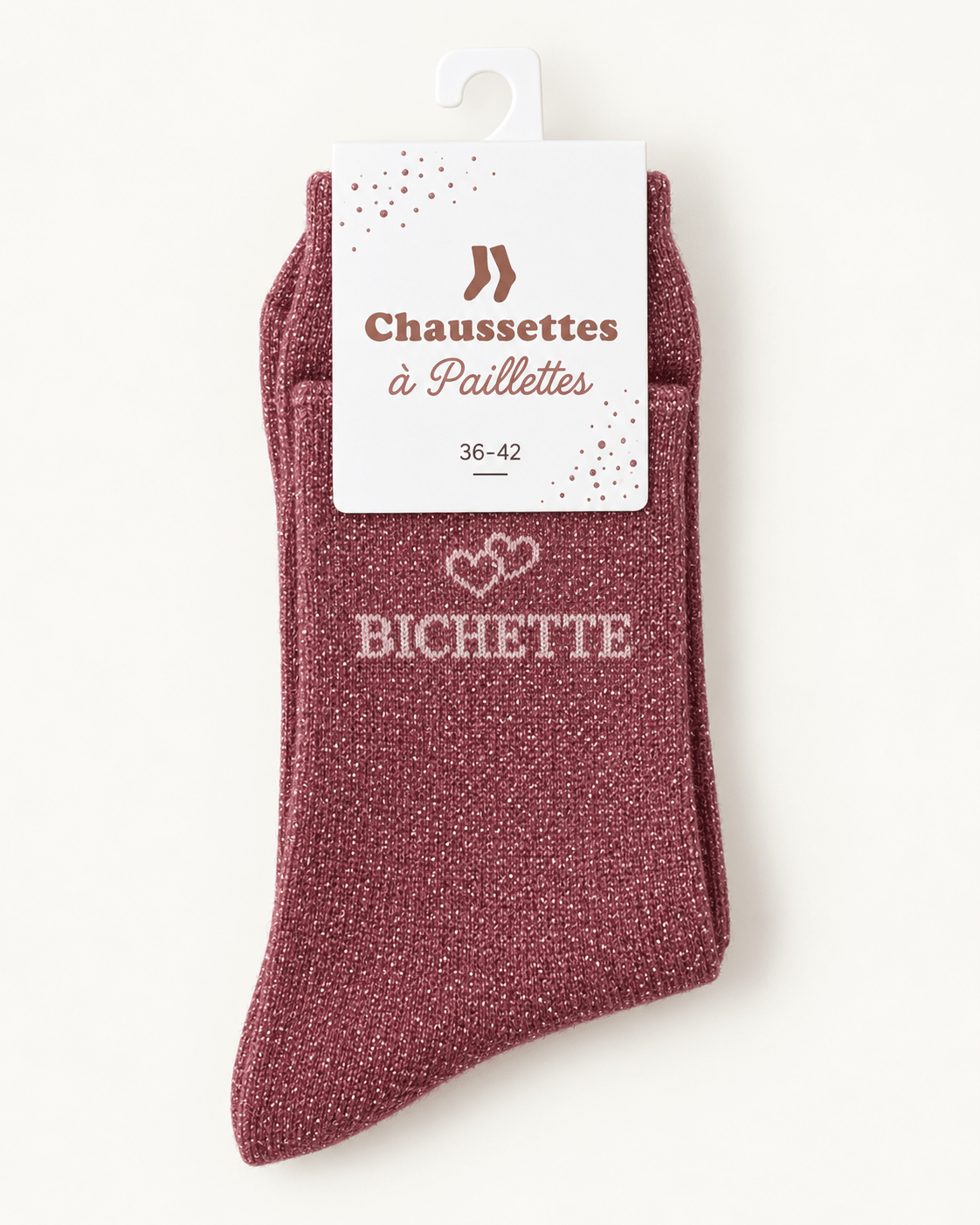 Chaussettes pailletées Bichette rose bordeaux avec motif cœur sur fond ivoire
