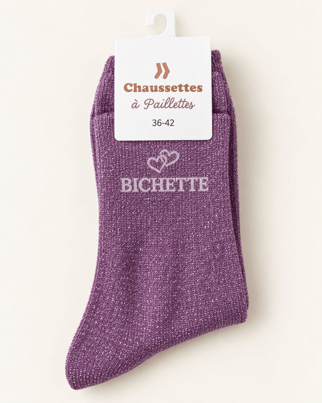 Chaussettes pailletées Bichette violettes avec motif cœur sur fond ivoire