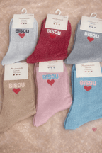 Palette de couleur Chaussettes  paillettes avec "BISOU" blanc et petit cœur rouge 