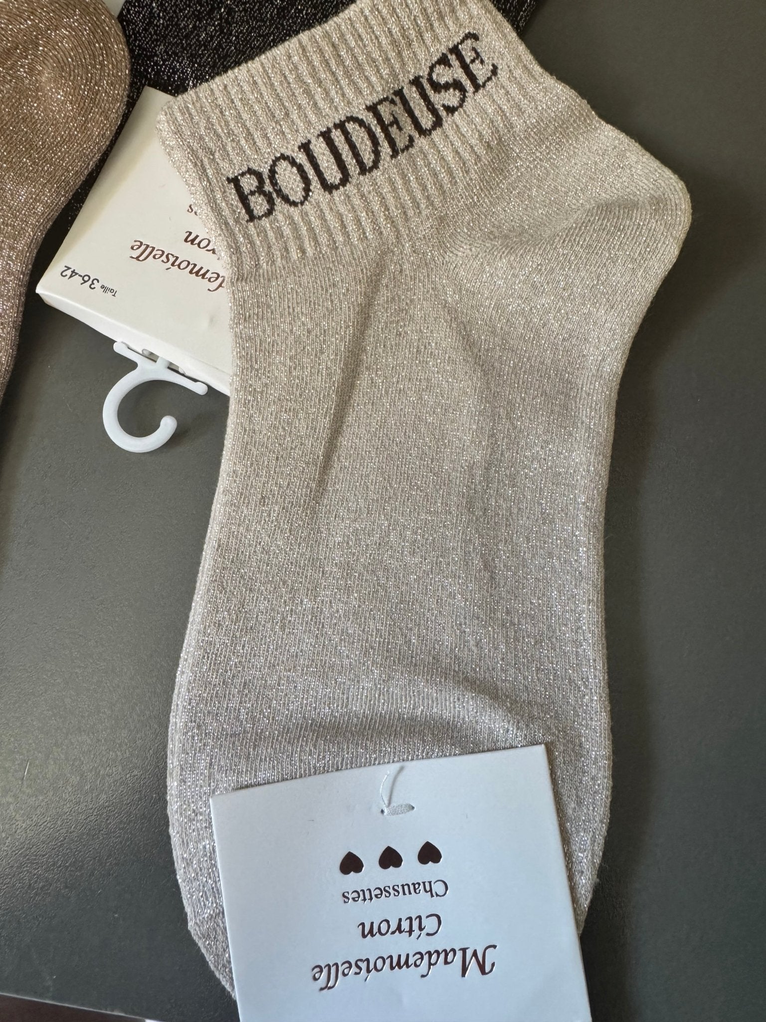 Chaussettes Boudeuse champagne pailleté, vue de face