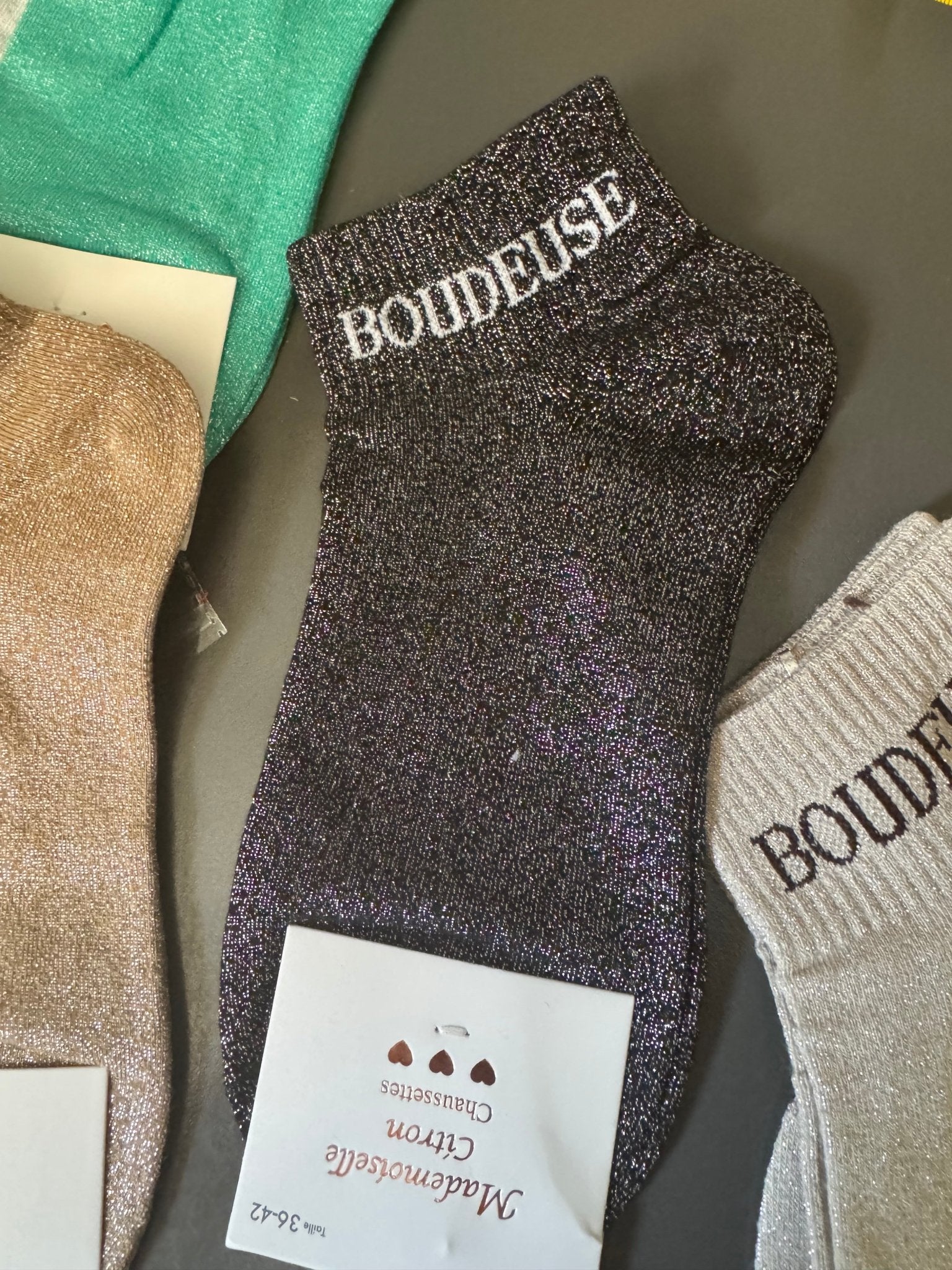 Chaussettes Boudeuse noires et argentées, vue de face