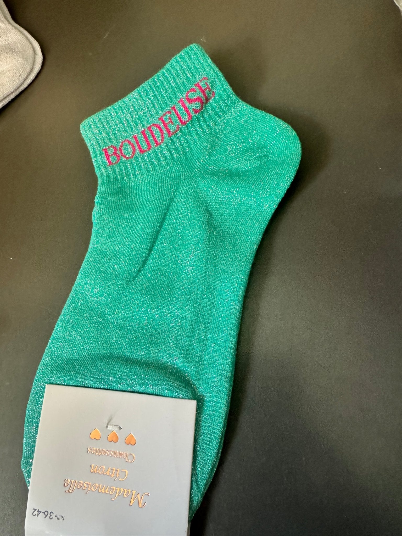 Chaussettes Boudeuse vert menthe pailleté, vue de face