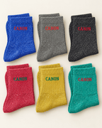 Six paires de chaussettes pailletées Canon en bleu roi, gris, noir, rouge, moutarde et vert