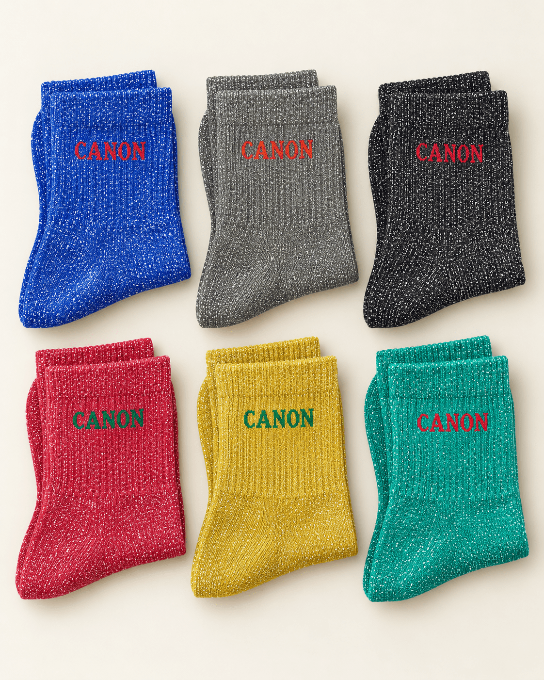 Six paires de chaussettes pailletées Canon en bleu roi, gris, noir, rouge, moutarde et vert