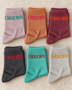 Chaussettes Chouchou pailletées : les six coloris présentés à plat.