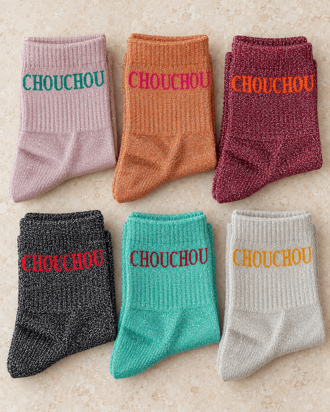 Chaussettes Chouchou pailletées : les six coloris présentés à plat.