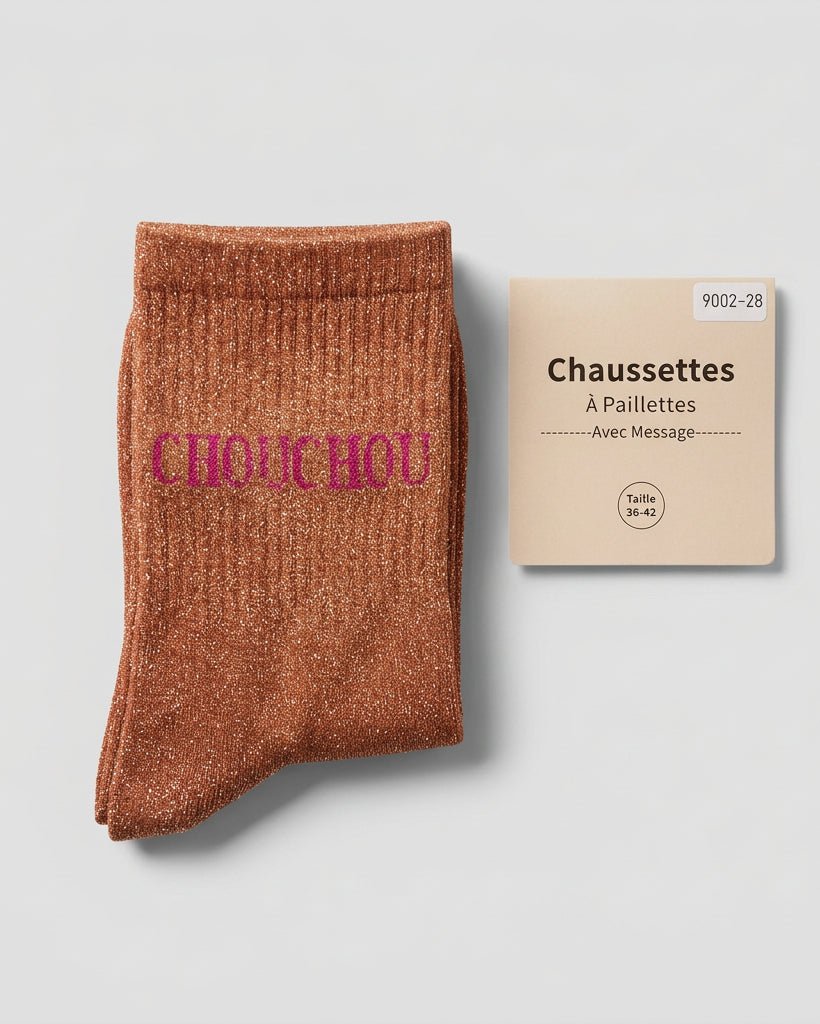 Chaussettes CHOUCHOU terracotta à message rose, dans leur emballage.