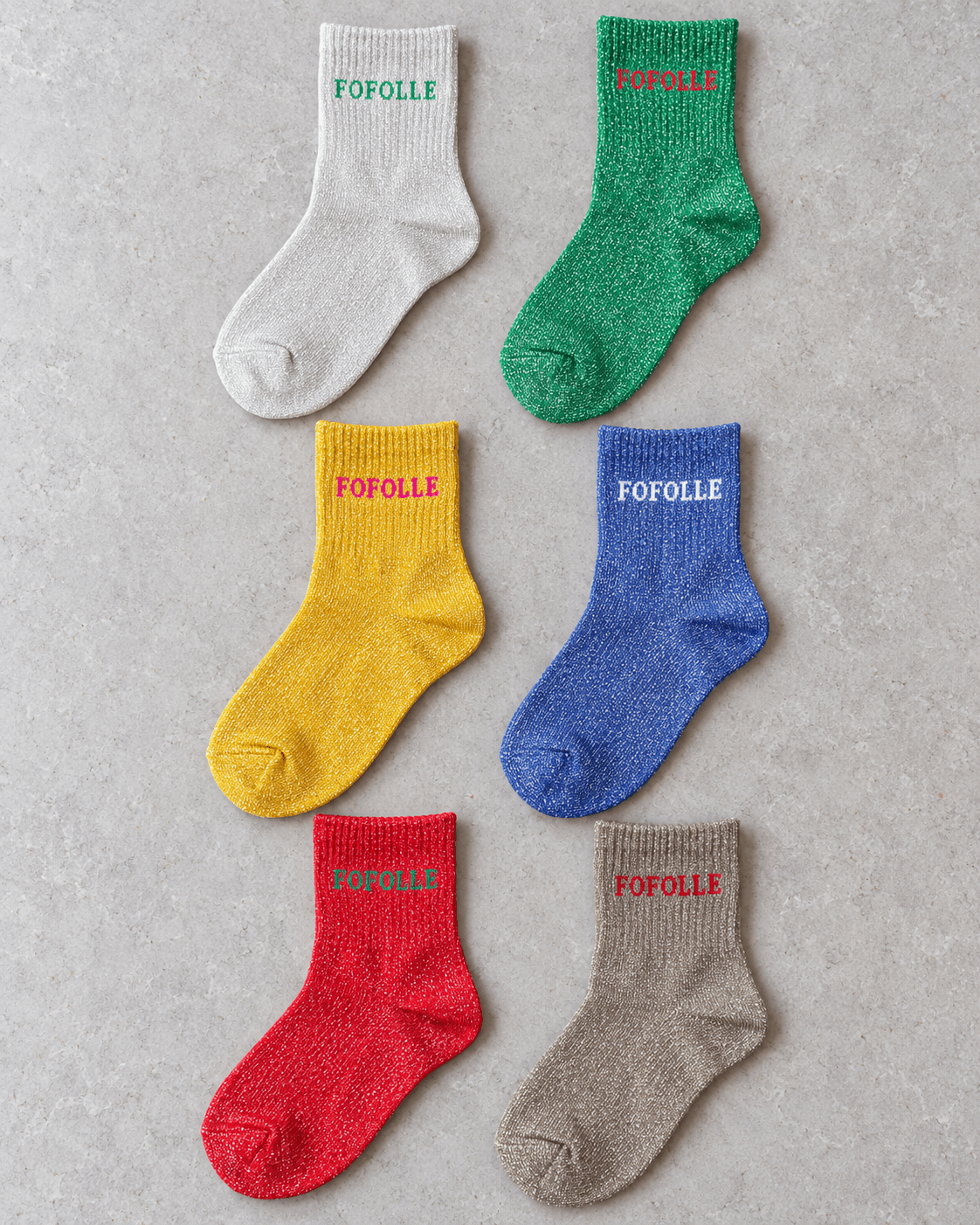 Chaussettes Fofolle pailletées en blanc, vert, moutarde, bleu, rouge et taupe