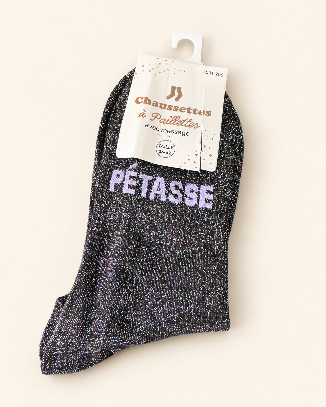 Chaussettes pailletées Pétasse anthracite aux reflets lilas sur fond ivoire