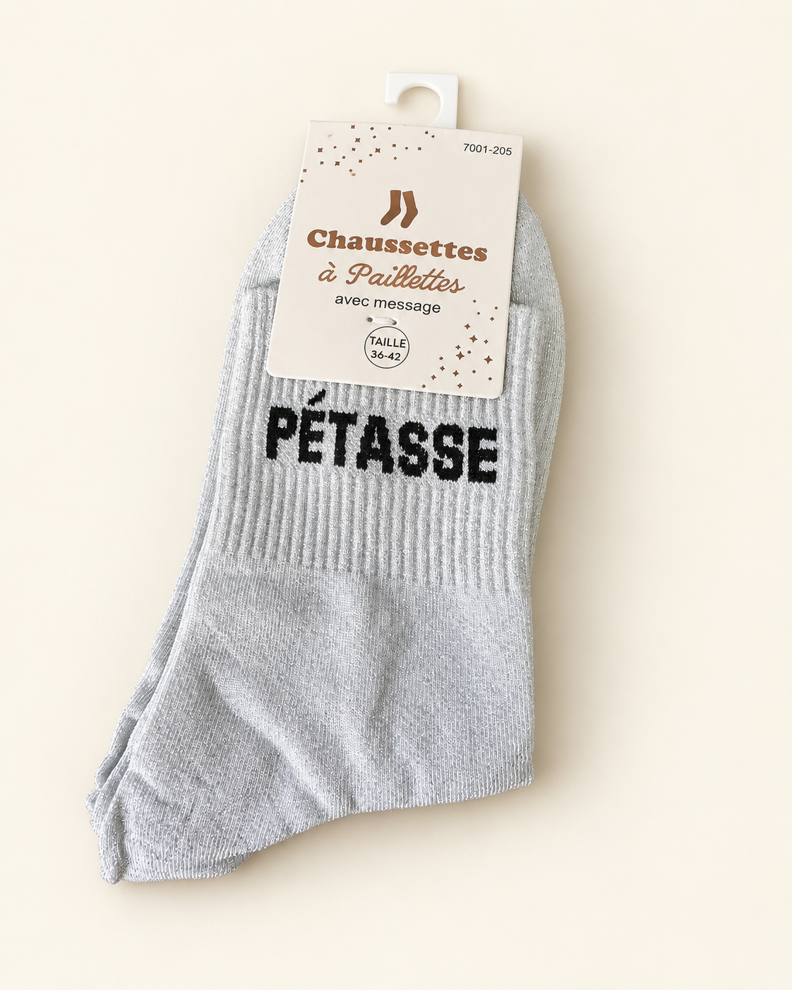 Chaussettes pailletées Pétasse argentées avec inscription noire sur fond ivoire