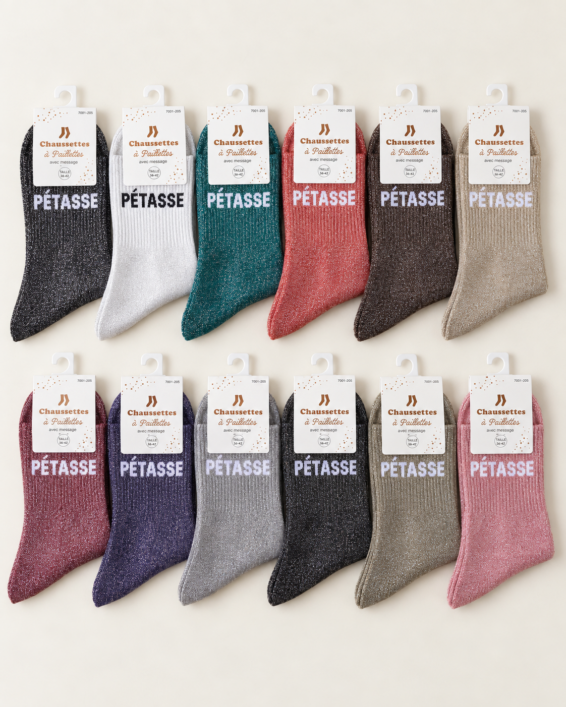 Assortiment de chaussettes pailletées Pétasse en douze coloris sur fond ivoire